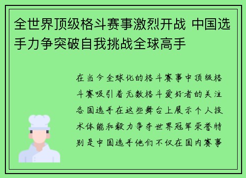 全世界顶级格斗赛事激烈开战 中国选手力争突破自我挑战全球高手