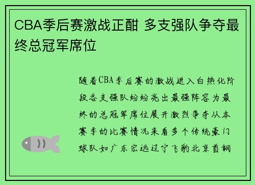 CBA季后赛激战正酣 多支强队争夺最终总冠军席位