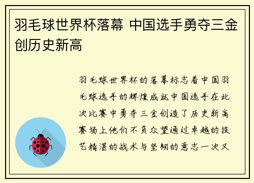 羽毛球世界杯落幕 中国选手勇夺三金创历史新高